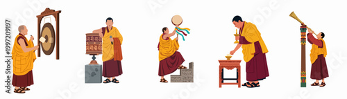 Foto Set of Buddhist Monks in Traditional Robes Performing Religious Rituals and Play