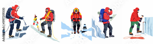 Foto Flat Vector Illustration Set of Mountain Climbers and Alpinists in Red Gear Perf