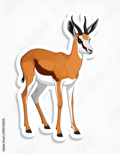 Digitally created illustration of a springbok, with brown and white body, black and white horns, standing upright