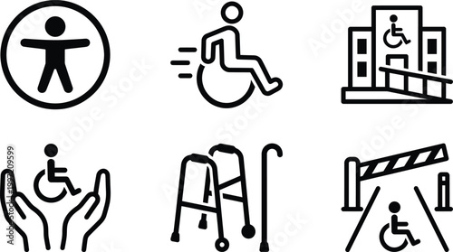 Disability and accessibility icons set with wheelchair ramp support walker inclusive symbols outline vector collection isolated on light background