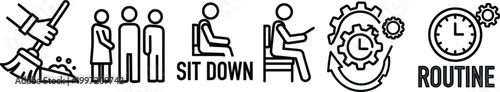 Icons: Cleaning, People, Sitting, Work Routine, Clock, Gears, Time Management