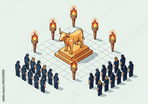 Ceremonial Ritual with Torchbearers and Sacred Bull Statue.