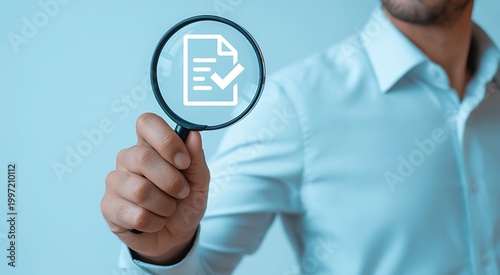 Businessman inspecting document with magnifying glass, close-up