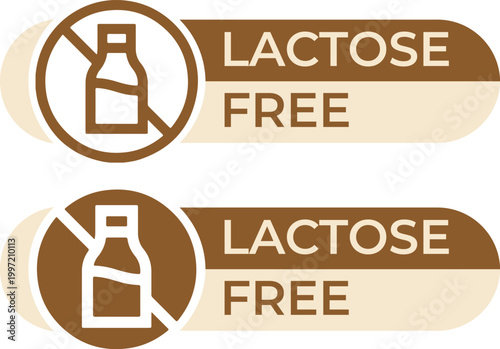 Lactose free label set with milk bottle icon, brown dietary restriction badges, dairy free product stickers for food packaging and menus