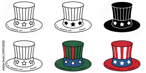 Uncle Sam hat icon set in outline silhouette and colored styles patriotic USA Independence Day