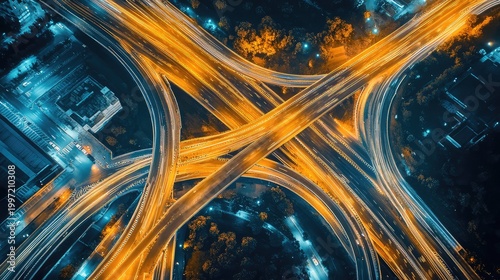 Aerial view intersecting highway light trails at night