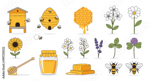 Bees and flowers with honey.