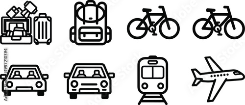 Travel Icons: Luggage, Backpack, Bicycle, Car, Train, Airplane