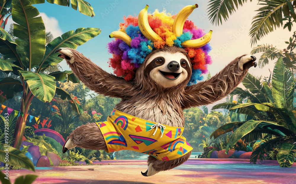 Obraz premium Sloth in rainbow wig and shorts jumps joyfully in tropical jungle