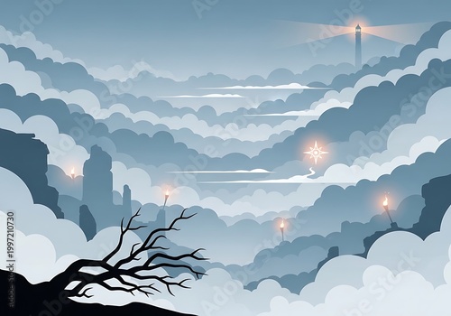 Mystical Mountain Landscape with Clouds and Light.