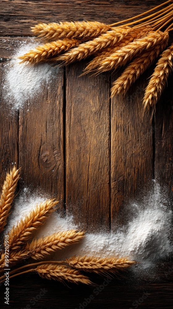 Naklejka premium Golden wheat ears scattered with flour on rustic wooden background
