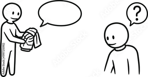 Person offering clothes to confused person, communication, misunderstanding concept