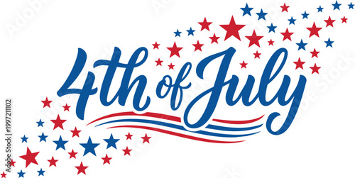 USA July 4th Bold Script Stars Diagonal Red Blue Flat Vector Art