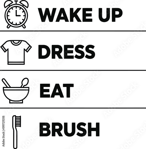 Morning Routine Icons: Wake Up, Dress, Eat, Brush Teeth - Black and White Line Art