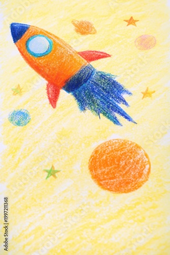 Crayon rocket launching past planets on textured yellow paper