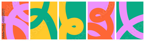 A bright colorful modern set of vertical patterns, backgrounds or posters with looped wavy thick lines in violet, red, yellow and green colors; simple hand-drawn vector illustration in a flat style