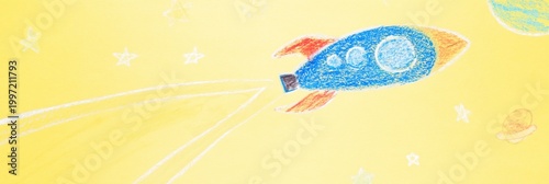 Blue crayon rocket streaking across yellow starry background