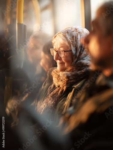 Grandmother knitting a scarf on a bus seat smiles gently while surrounded by blurred faces of fellow passengers