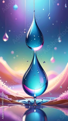Digitally created illustration of vibrant water droplets suspended in mid-air above a reflective surface and pastel landscape