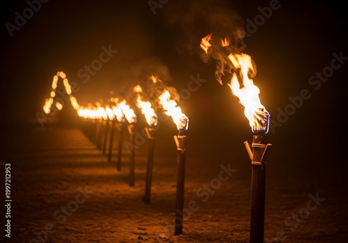 Nighttime Torch Parade with Flaming Torches Along Pathway.