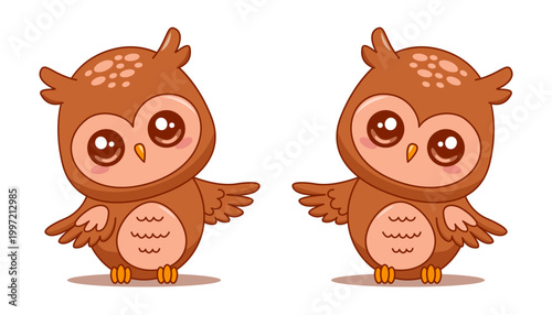 Cute owls pointer pointing with wing cartoon character vector isolated on white
