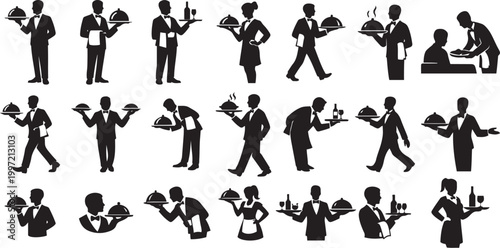 Waiter and waitress silhouettes in various poses