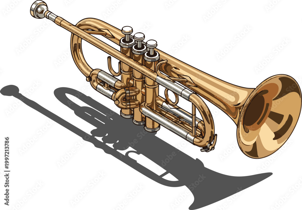 Naklejka premium Isometric Golden Trumpet Vector Illustration with Shadow Isolated on White Background