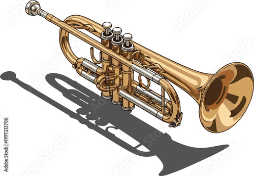 Isometric Golden Trumpet Vector Illustration with Shadow Isolated on White Background