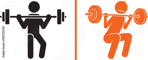 Weightlifting and squatting stick figure icons with barbell isolated on white background vector illustration