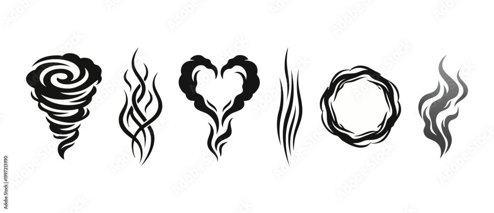 Naklejka premium Smoke and Steam Icons Set, Abstract Black Silhouette Elements for Graphic Design, Tornado Twister and Heart Shape Vapour Trails, Vector Style Decorative Wavy Curves isolated on White Background collec