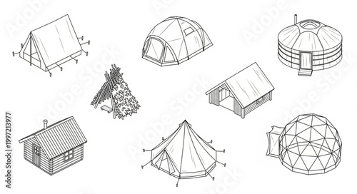 Collection of various shelter types and structures for camping and living.