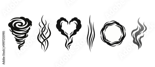 Smoke and Steam Icons Set, Abstract Black Silhouette Elements for Graphic Design, Tornado Twister and Heart Shape Vapour Trails, Vector Style Decorative Wavy Curves isolated on White Background collec