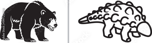 Set of black bear and ankylosaurus dinosaur vector illustrations isolated on white background