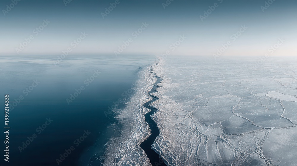 Naklejka premium Aerial view of a jagged crack dividing frozen sea ice from dark blue ocean water