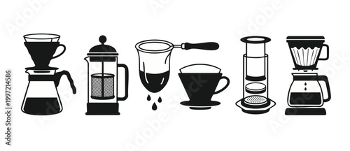 Coffee Brewing Methods Set, Manual Coffee Maker Icons, Pour Over and French Press Collection, Vector Illustration of Professional Barista Equipment for Cafes and Coffee Shop Menus or Coffee Brewing Gu