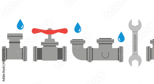 Plumbing system with pipes, valve, wrench and water drops