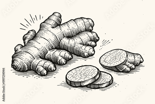 Vintage hand drawn ginger root and slices vector illustration in a classic woodcut or engraving style, ideal for organic food labels, herbal medicine branding, and culinary recipe designs.