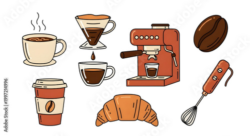 Coffee Shop Vector Set, Espresso Mug, Beans Croissant, Cafe Flat Illustration