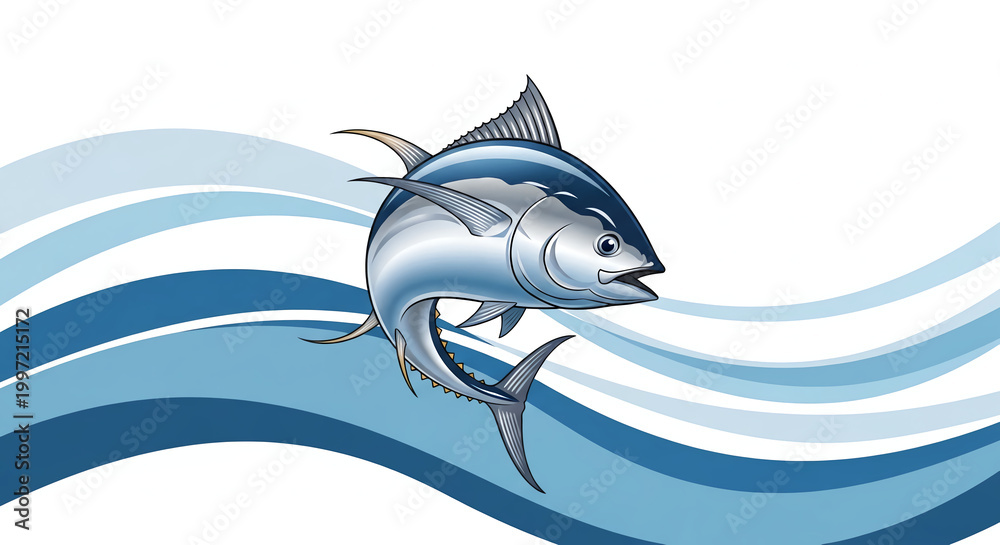 Fototapeta premium Blue Tuna Fish Jumping Over Stylized Ocean Waves