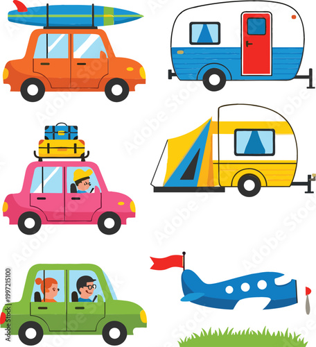 Cartoon cars with caravans and airplane illustration set, travel and vacation transport themed vector collection design