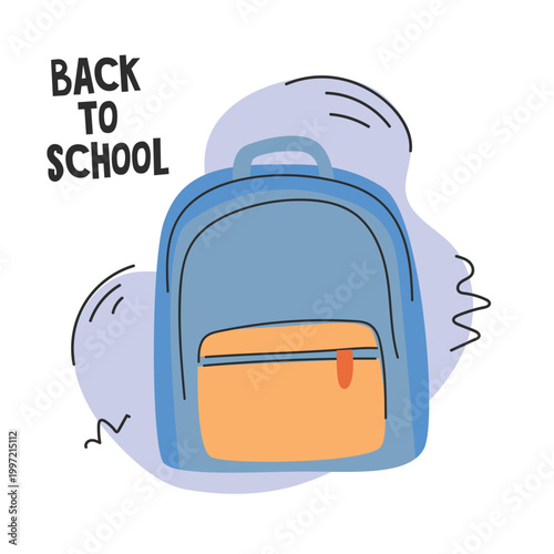 Illustration of a blue backpack with an orange pocket, accompanied by the text 