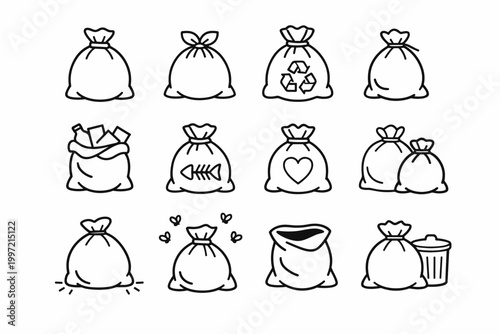 Collection of Trash Bag Line Icons Featuring Garbage Sacks, Recycling Symbols, Waste Disposal Containers, Rubbish Bags with Flies, Open Sacks, and Litter Management Vector Illustrations