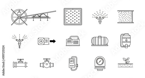 Collection of agricultural irrigation system icons and symbols.