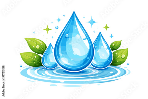 Vector illustration of clean blue water drops with green leaves and ripples, symbolizing environmental conservation, sustainable liquid resources, purity, and nature protection on white.