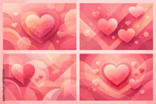 Abstract Valentine's Day Heart Vector Background Set with Soft Pink and Peach Gradients. Modern Geometric Romantic Patterns for Greeting Cards, Wedding Invitations, and Social Media Banners.