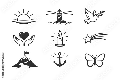 Symbolic Hope Line Icon Set Featuring Sunrise, Lighthouse, Dove of Peace, Hands Holding Heart, Burning Candle, Shooting Star, Mountain Peak with Flag, Anchor, and Butterfly Vector Illustration
