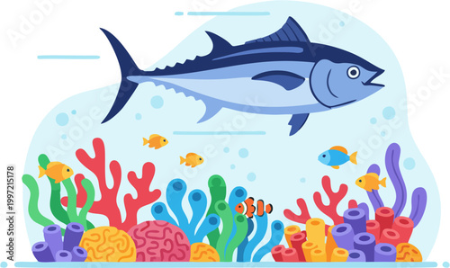Large tuna fish swimming above a vibrant coral reef