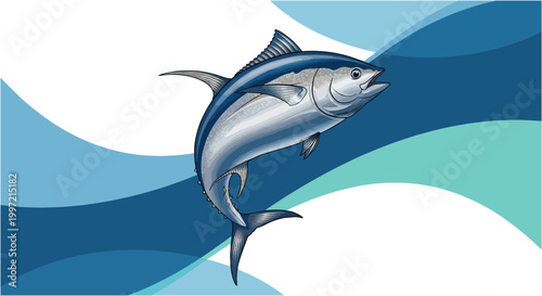 Stylized tuna fish jumping over abstract blue ocean waves