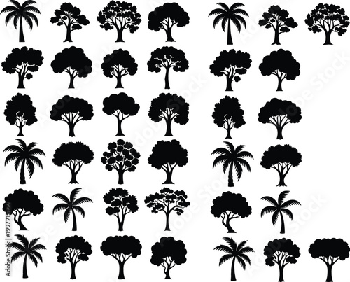 Tree silhouettes set including various forest and palm trees illustration, black nature icons collection for design and decoration