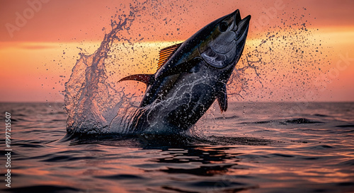 Large tuna fish jumping out of ocean water at sunset